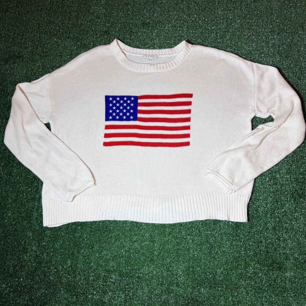 Z Supply Womens American Flag Knit Sweater Cream White Long Sleeve Pullover Med